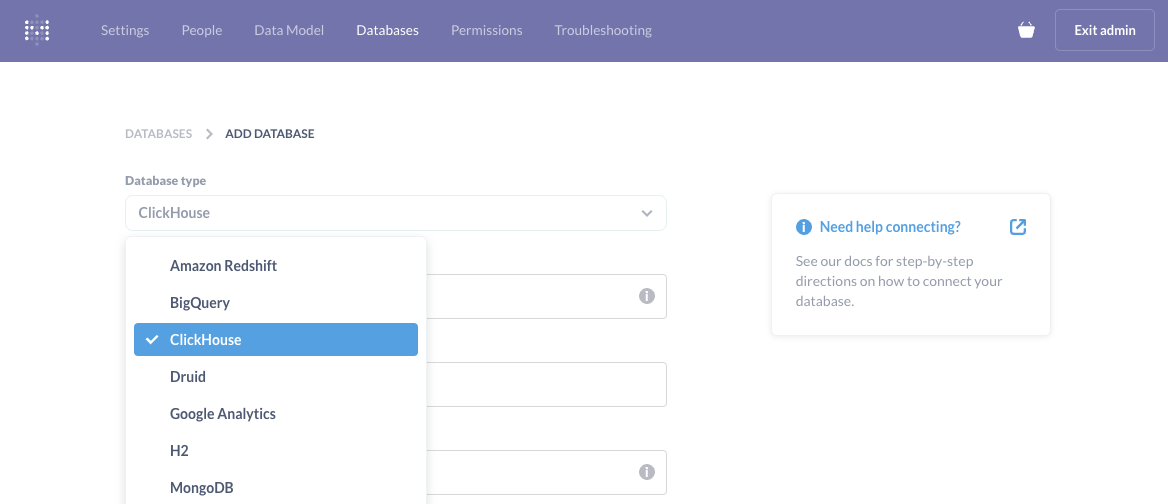 Окно выбора базы данных в Metabase с ClickHouse в качестве одного из вариантов