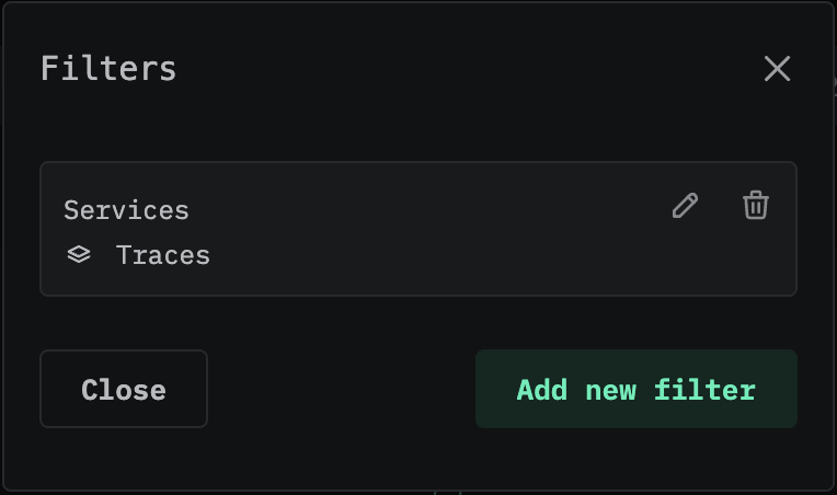 Модальное окно Filters, показывающее настроенный фильтр Services