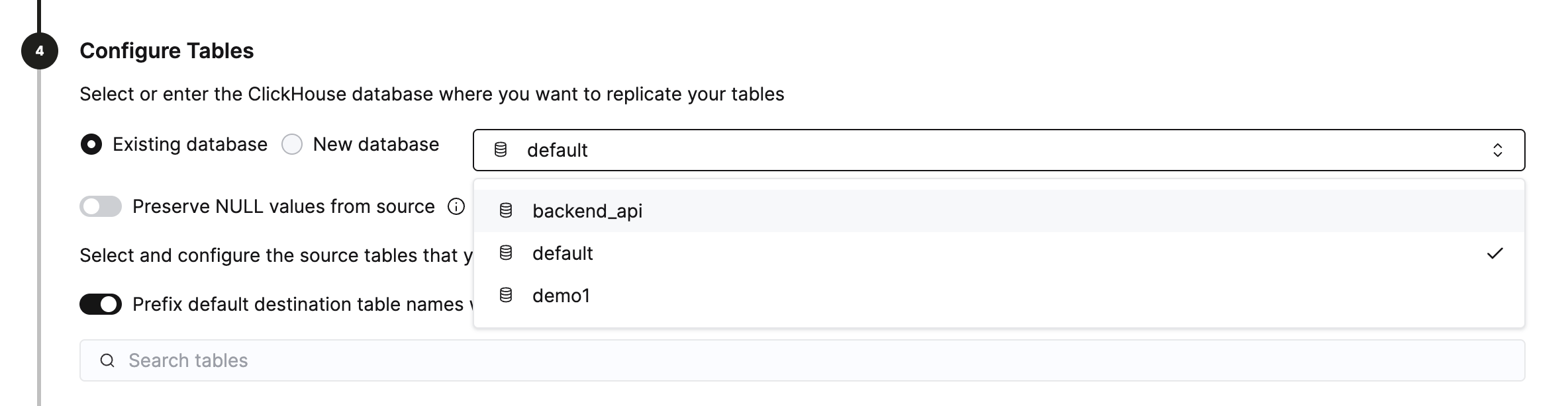 Select destination database