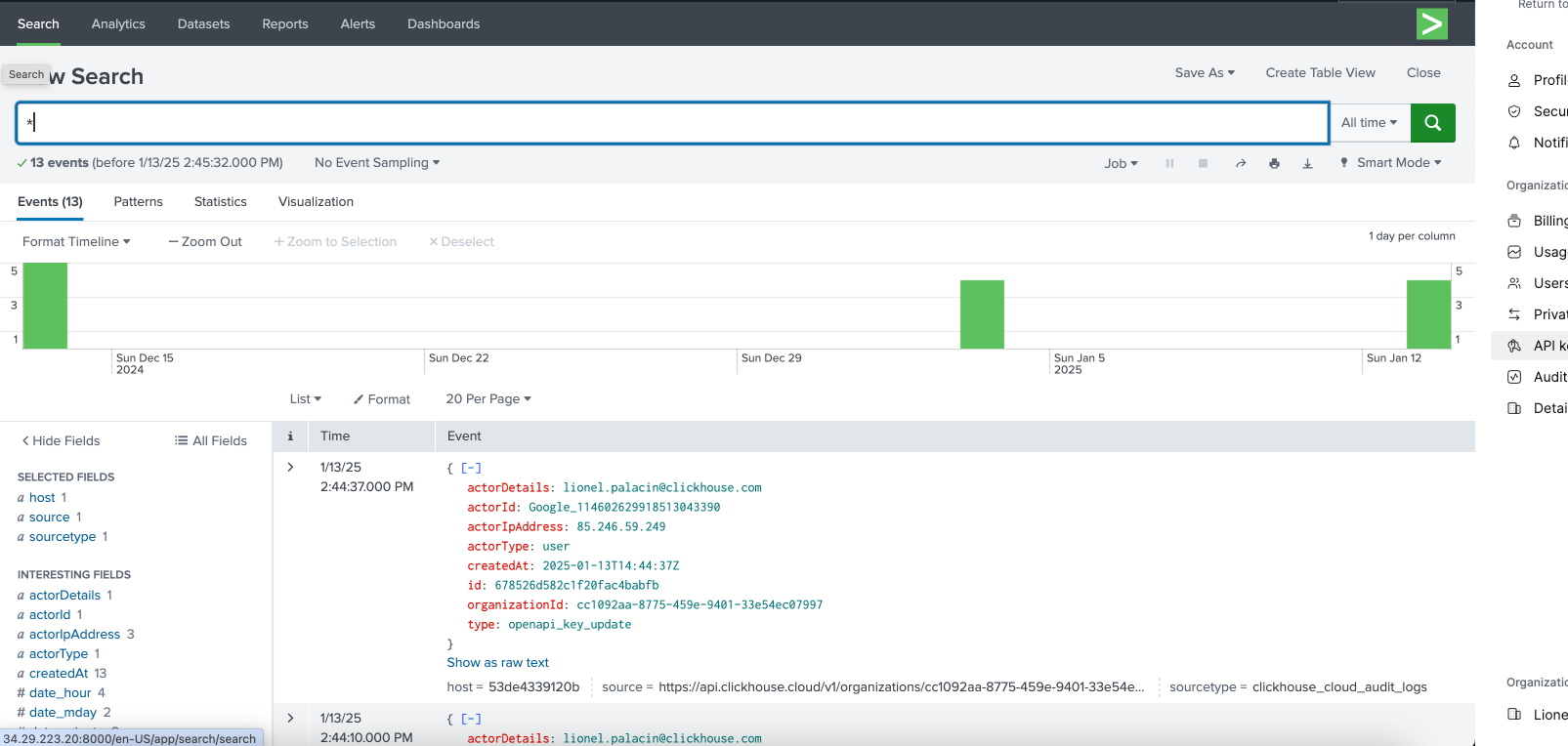Интерфейс поиска Splunk, отображающий данные �журналов аудита ClickHouse